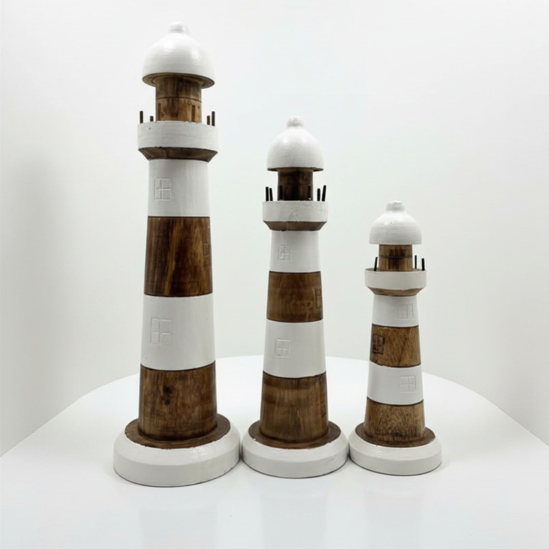 Three wooden natural models of different sizes on a white surface with a white background