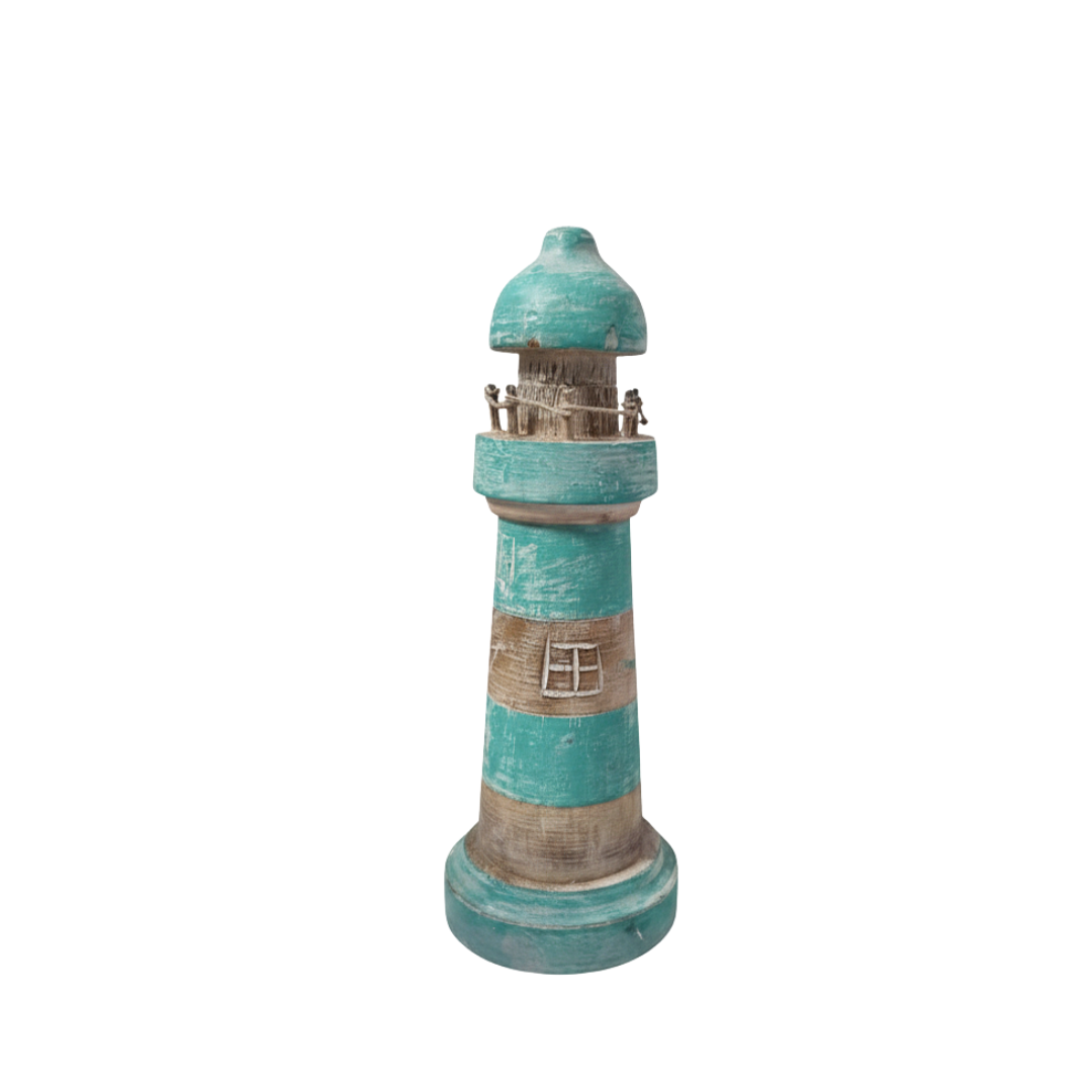 A distressed wooden lighthouse decoration with a turquoise and brown striped design, isolated on a white background.