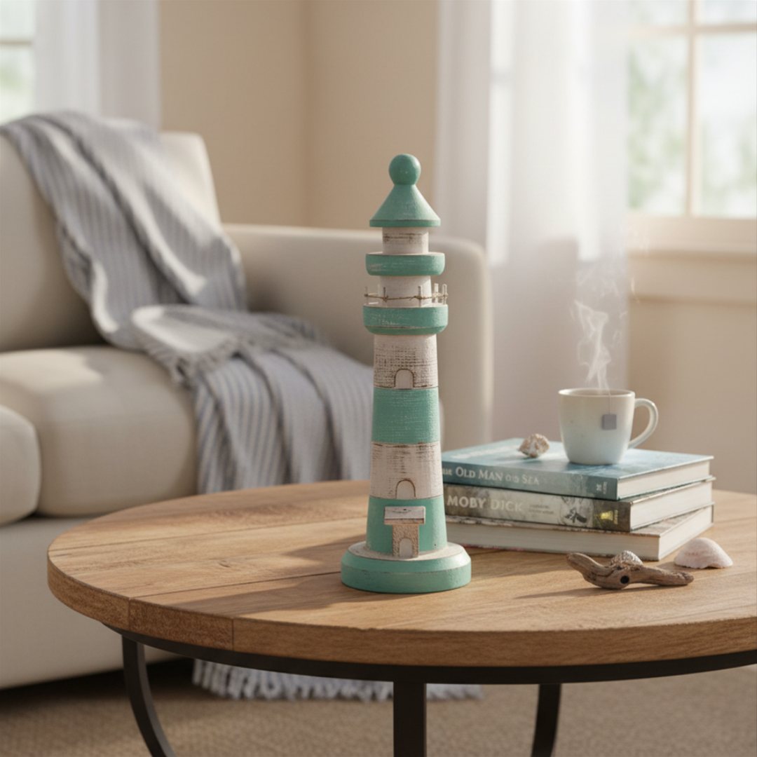 A decorative lighthouse figurine in mint green and white sits on a round wooden coffee table in a cozy living room setting, styled with books, a mug, and driftwood.