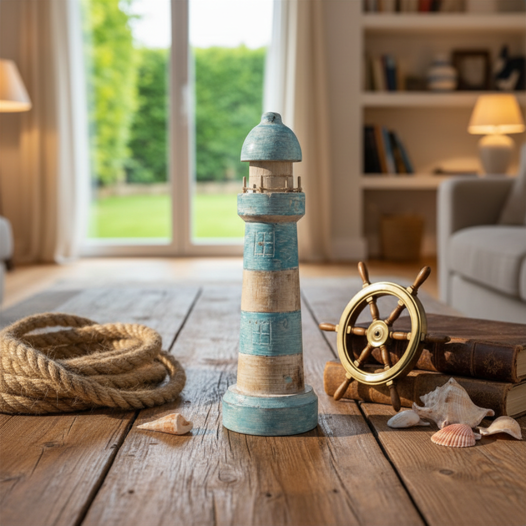Wooden nautical lighthouse décor set on a rustic timber table with rope coil, ship's wheel and shells