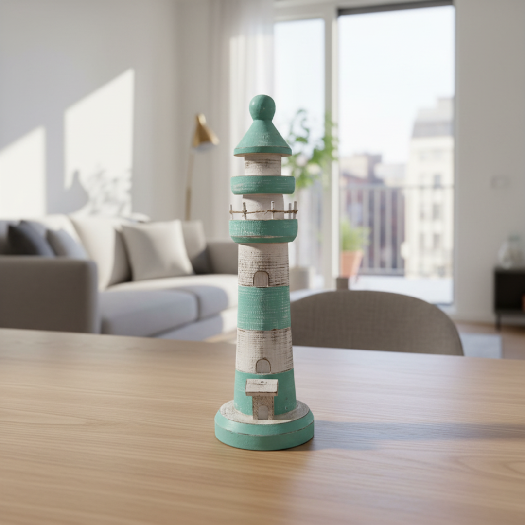 decorative object in mint green and distressed white sits on a light wood table in a softly blurred living room setting.