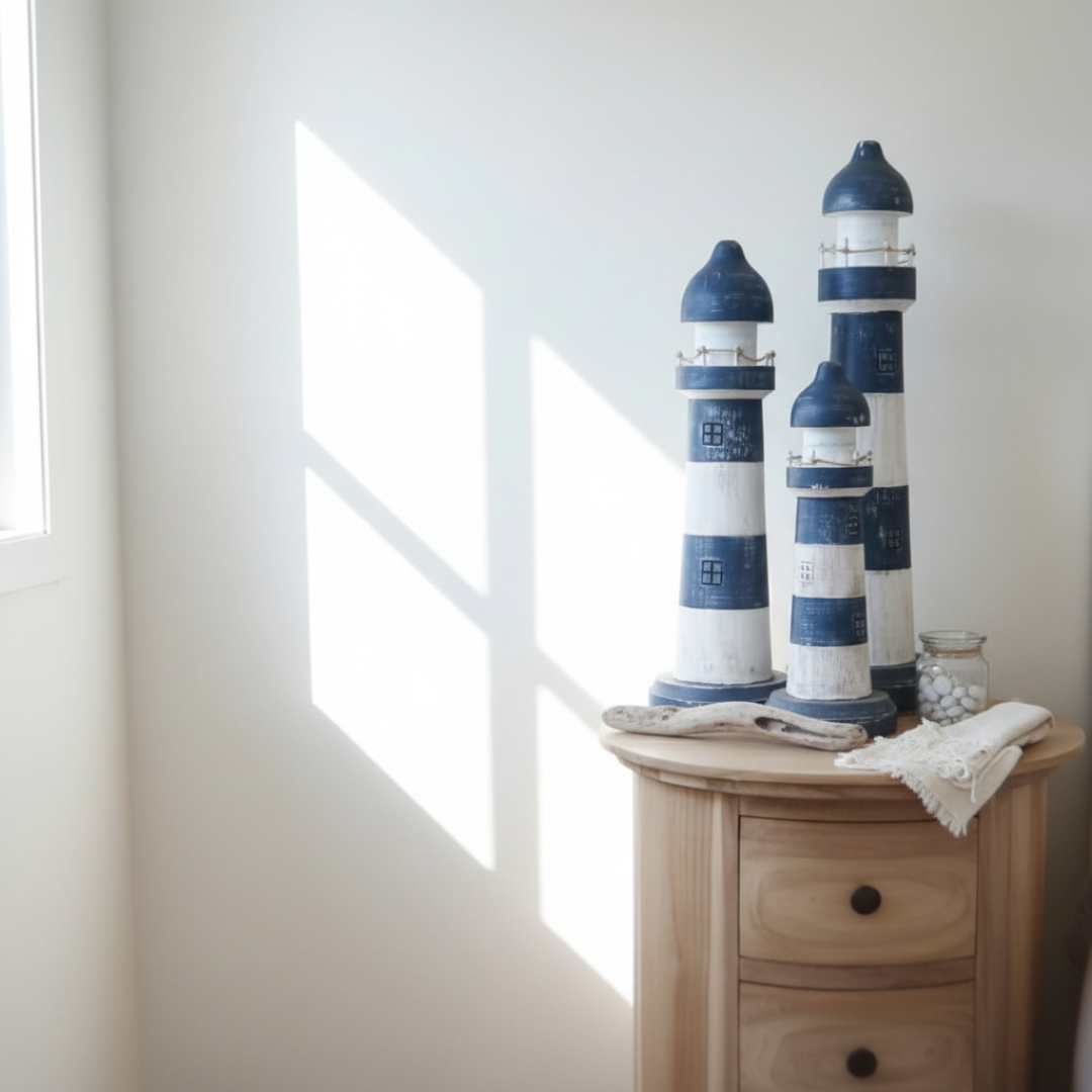Three navy and white striped wooden figurines in graduated sizes styled on a timber dresser with linen and a glass jar in a bright coastal room