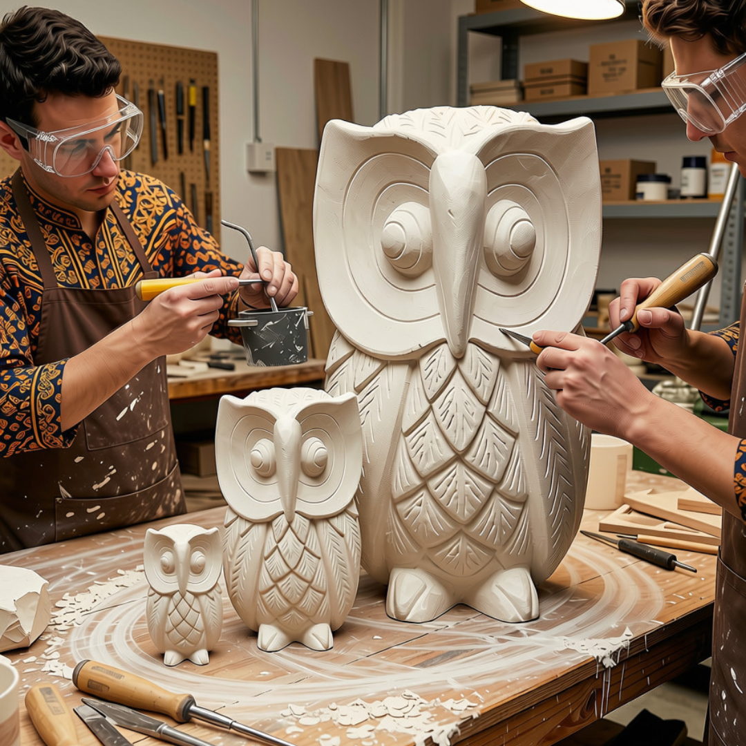 Two artisans in a Balinese workshop hand-carving limestone owl statues in three sizes, with carving tools and stone dust on the workbench
