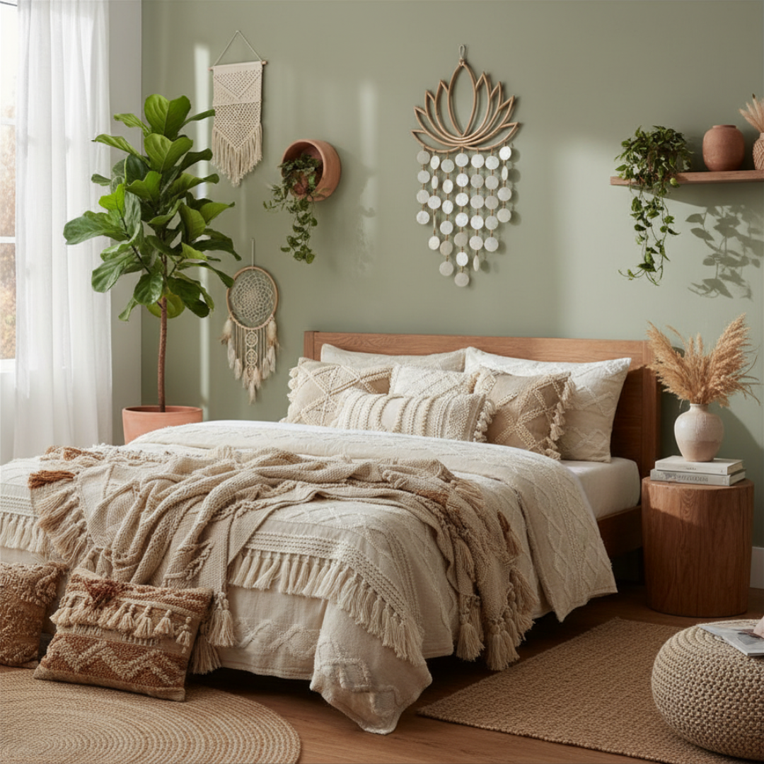 Cozy bedroom with beige bedding, decorative pillows, and wall art in a warm color scheme.