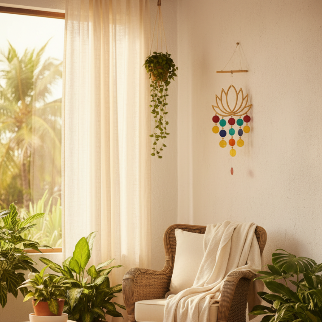 Cozy living room with a wicker armchair, plants, and a decorative wall hanging.