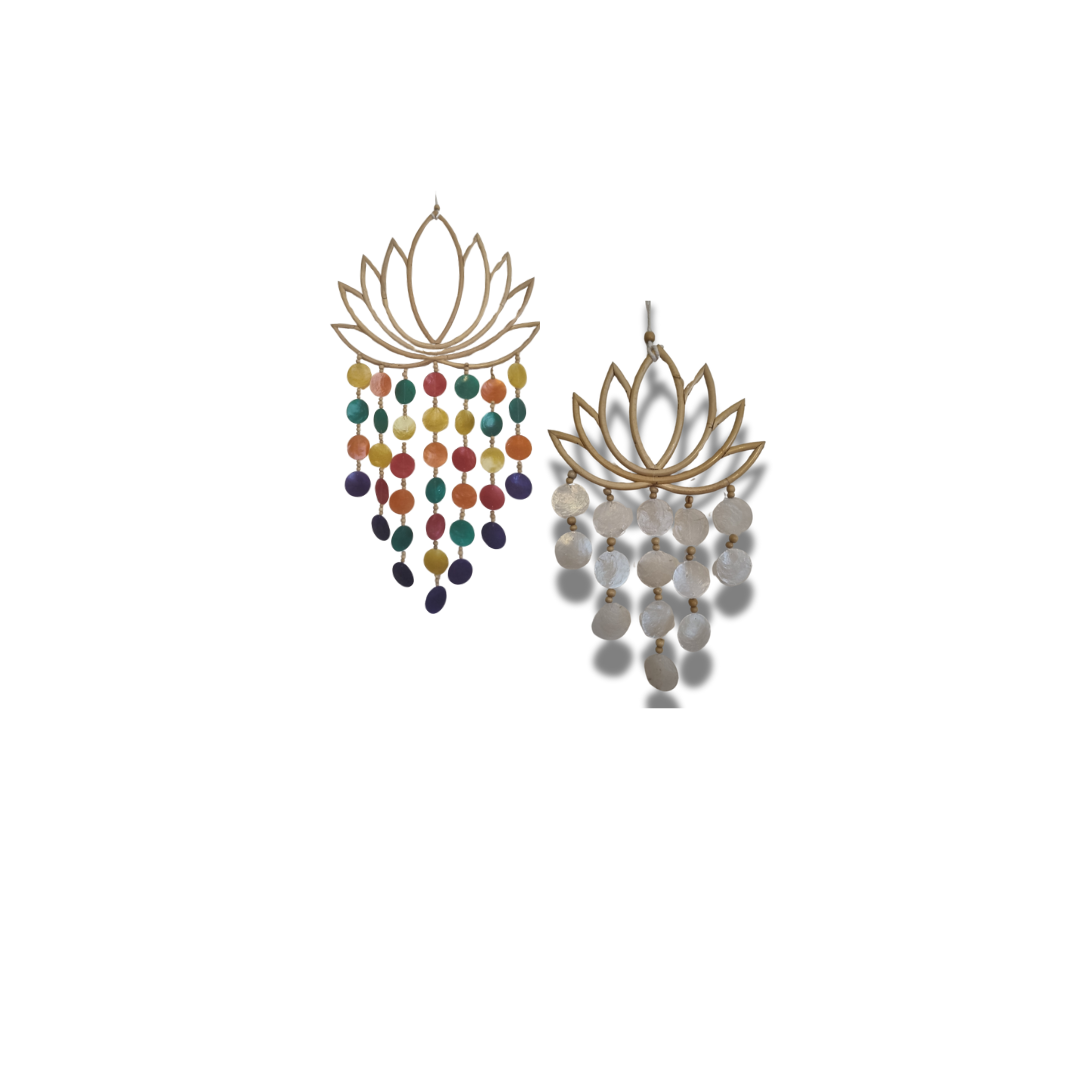  wall hangings, one with multicolored beads and one with white beads, against a white background.