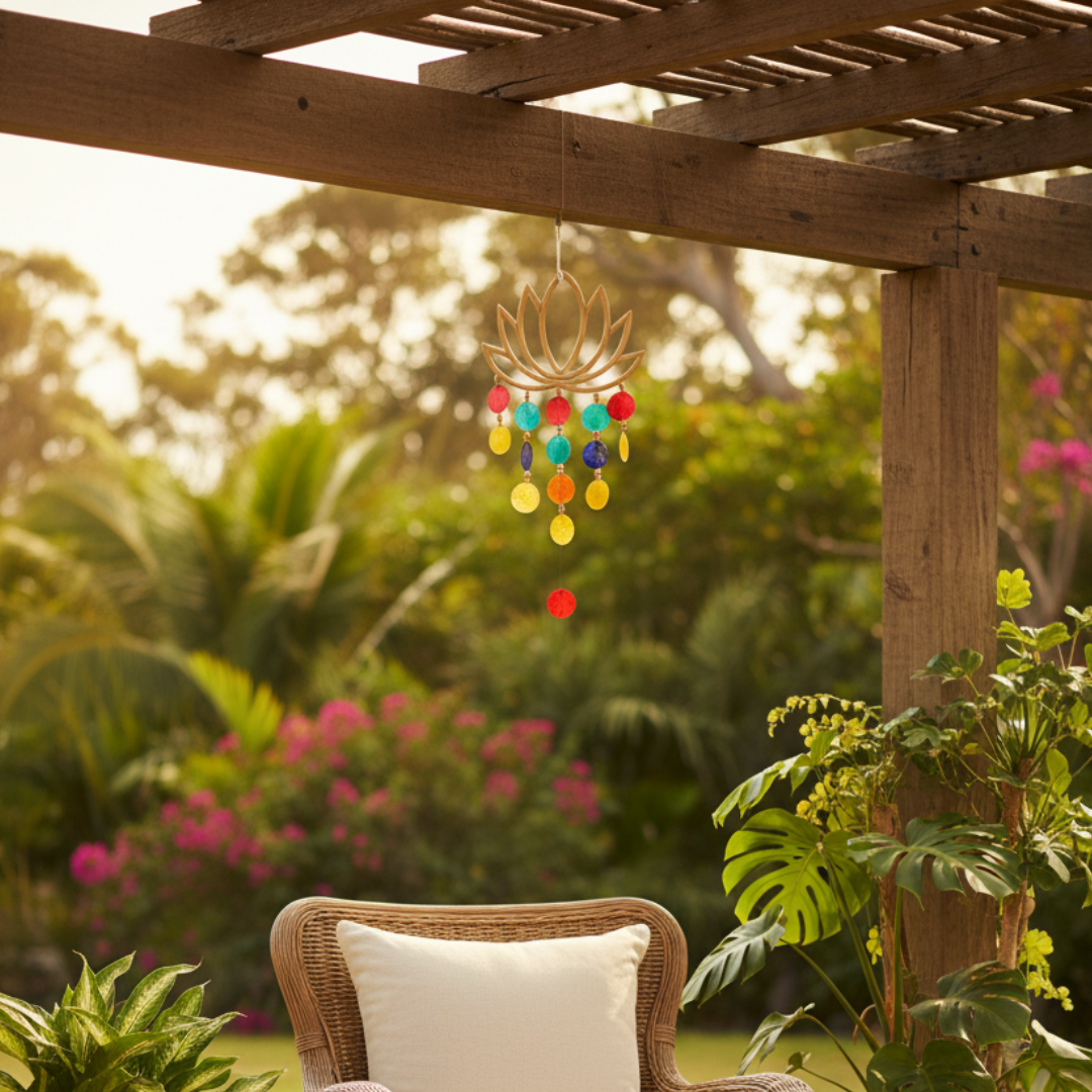 Colorful chime hanging from a wooden pergola in a garden setting with plants and flowers.