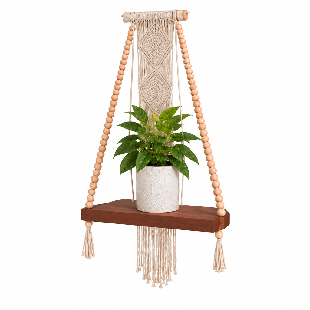 angle shot of the macrame shelf with a green plant in a white pot on a white back ground