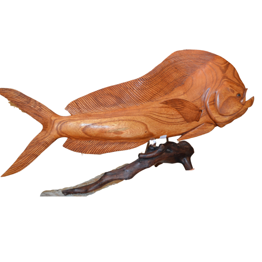 Wooden fish sculpture on a white background