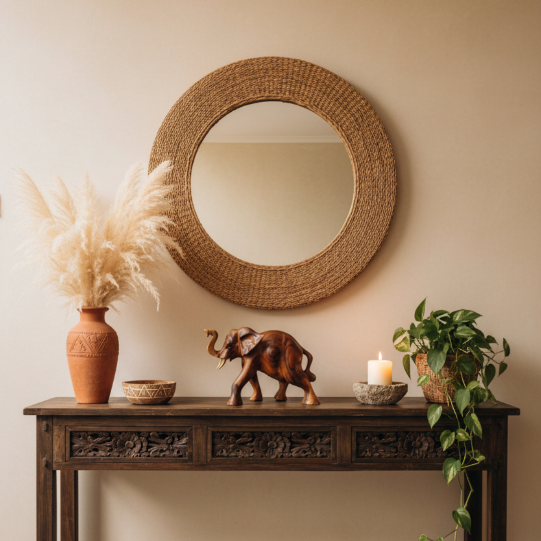 Carved timber console table with ornate drawer detailing styled in a warm Balinese hallway, with a round woven rattan mirror above, a terracotta vase with pampas grass, a small carved wooden bowl, a lit pillar candle in a stone holder, and a trailing green potted plant, with a dark warm brown carved figurine centred on the table.
