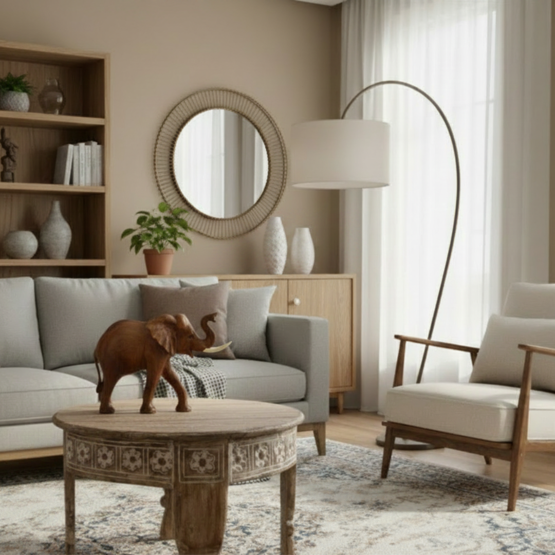 Carved décor piece styled on a round coffee table in a warm neutral living room with a round rattan mirror, timber sideboard, potted plant, white ceramic vase, grey sofa, and arc floor lamp