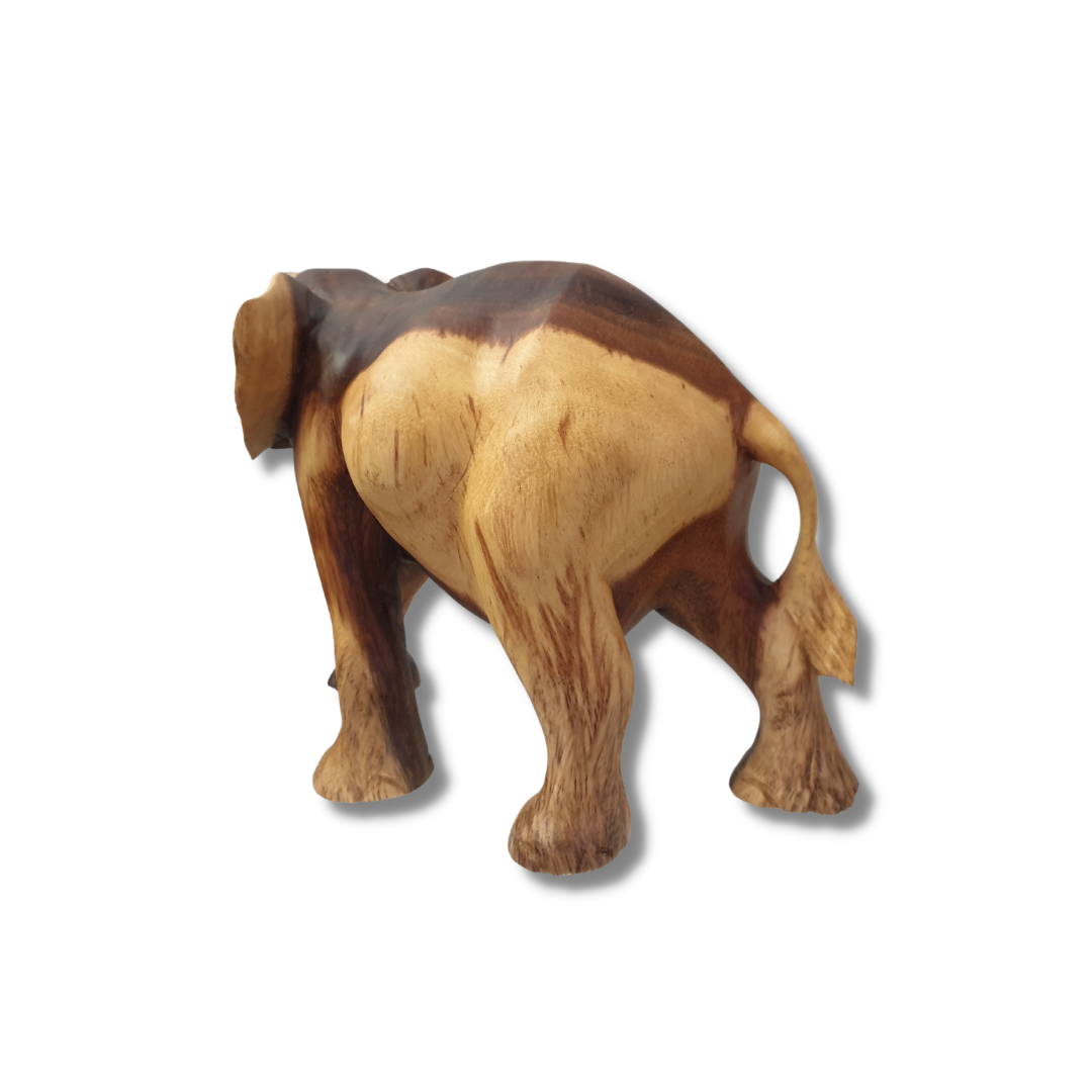 Rear view of a hand-carved figurine showing the natural two-tone grain — dark brown across the back and shoulders, pale cream on the hindquarters, on a white background STYLE 3 