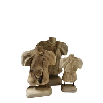 Set of three handcrafted male torso teak sculptures in small, medium and large on white background — natural grain and crack detail visible on medium piece