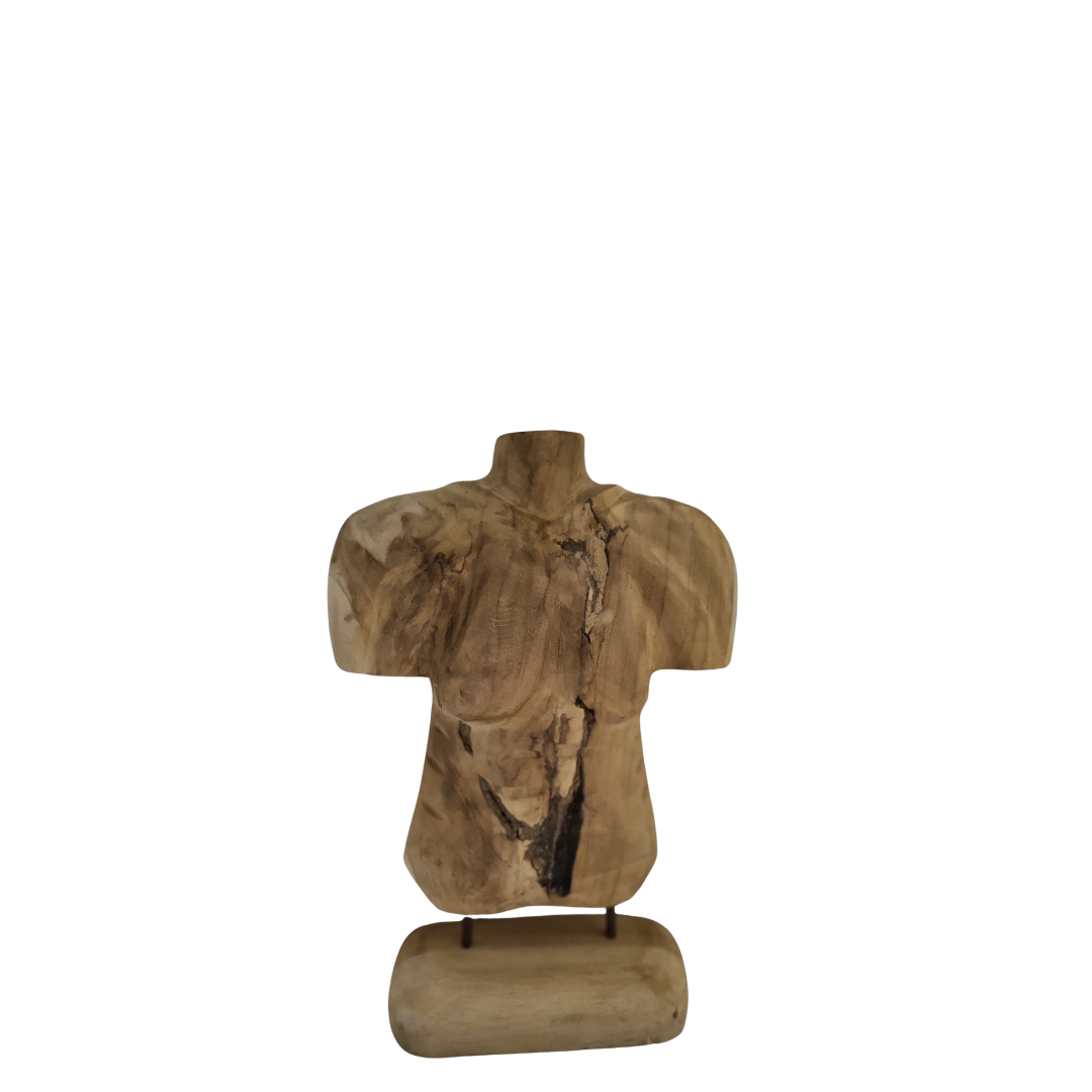 Handcrafted medium male torso teak sculpture on cylindrical steel pin base — dramatic natural grain crack detail in solid reclaimed teak wood, 30 x 19 x 8cm