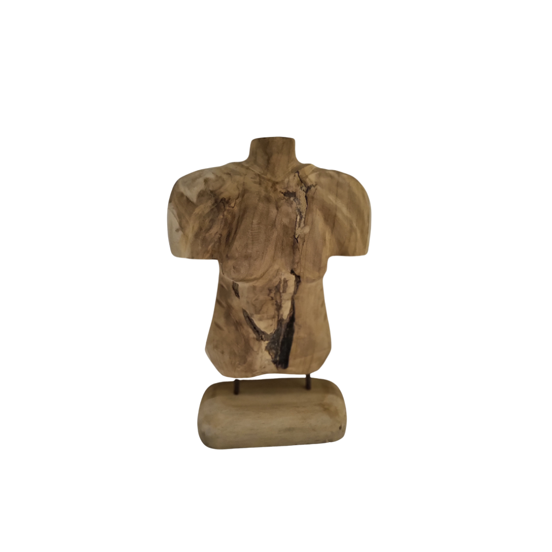 Handcrafted medium male torso teak sculpture on cylindrical steel pin base — dramatic natural grain crack detail in solid reclaimed teak wood, 30 x 19 x 8cm