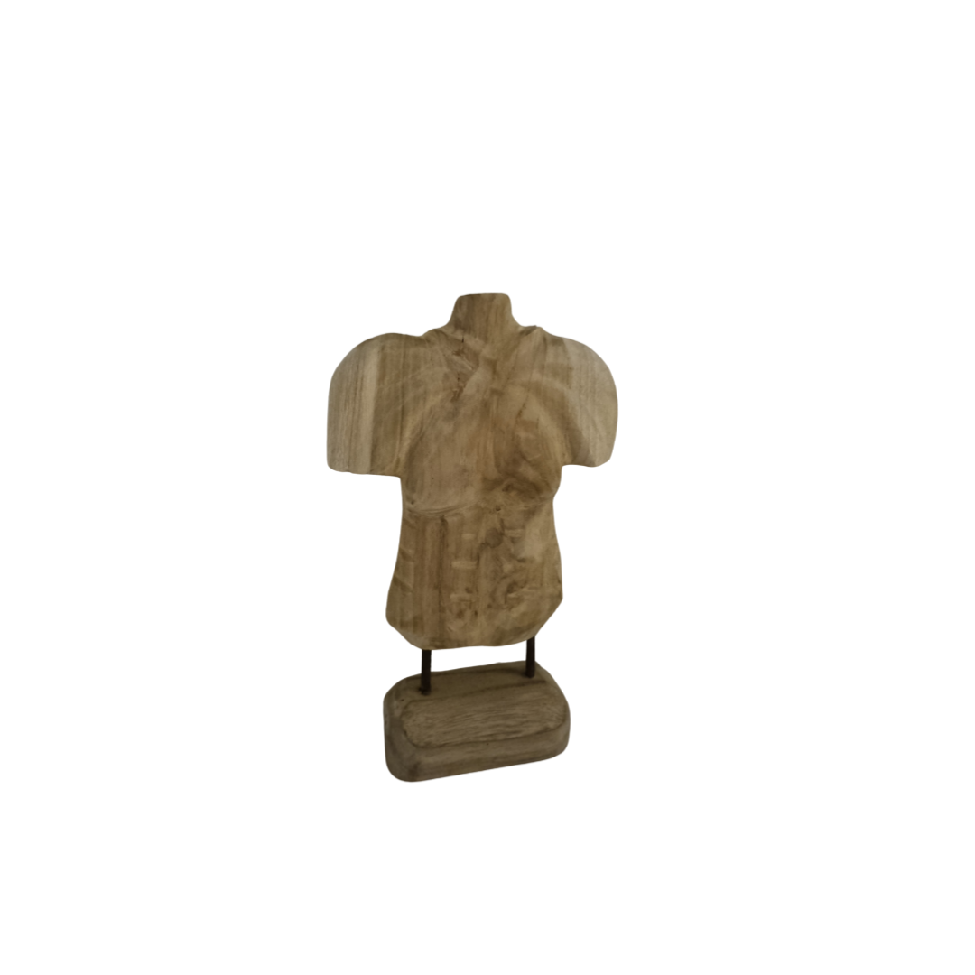 Handcrafted small male torso teak sculpture on rectangular steel pin base — angled view showing solid reclaimed teak wood grain and chest detail, 25 x 15 x 5cm

