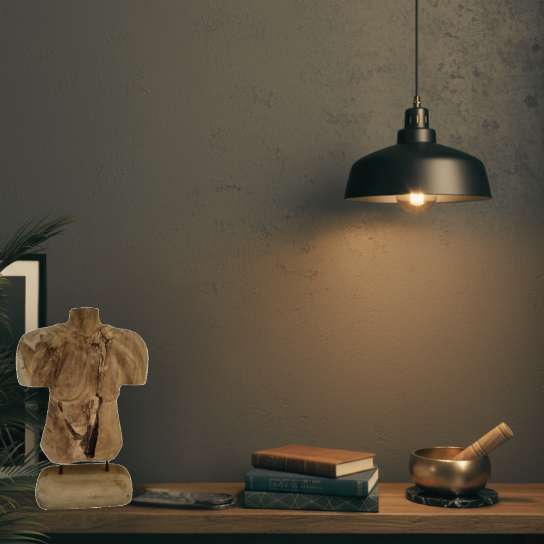 Handcrafted medium male torso teak sculpture styled on a timber console with stacked books and brass singing bowl under warm pendant light — masculine home decor