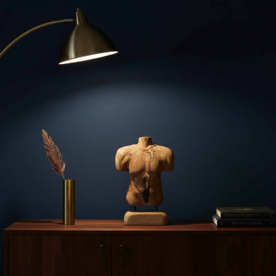 Handcrafted medium male torso teak sculpture with natural grain crack on timber sideboard with brass vase and arc lamp — bold masculine home decor