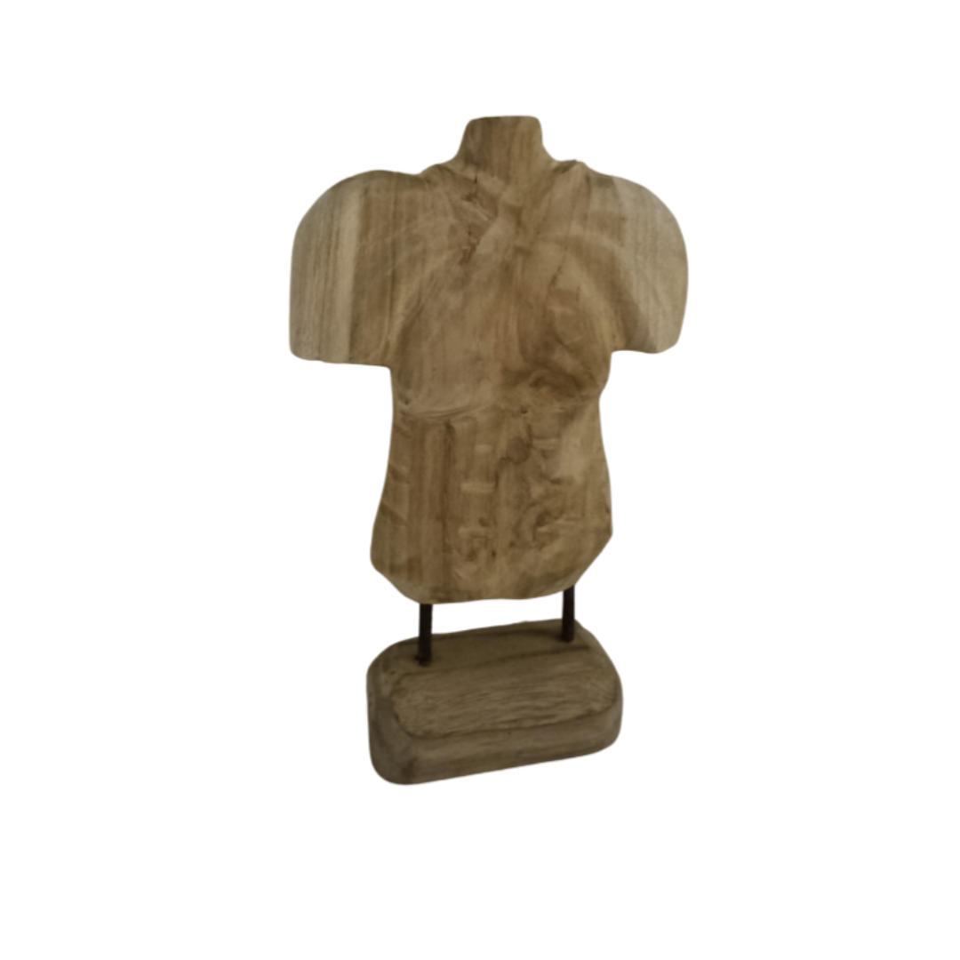 Handcrafted large male torso teak sculpture on rectangular steel pin base — solid reclaimed teak wood with natural grain detail, 35 x 23 x 10cm