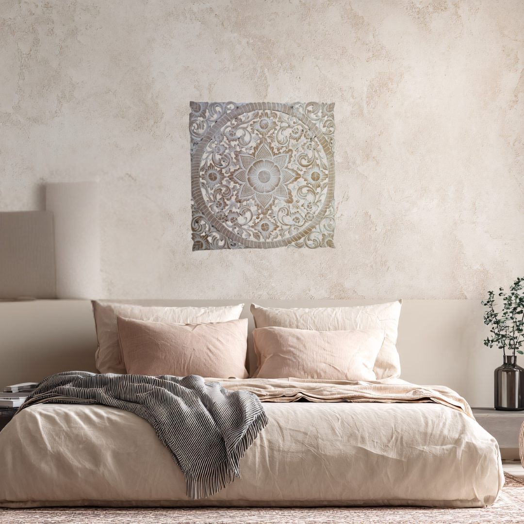 Decorative wall art above a bed in a bedroom setting