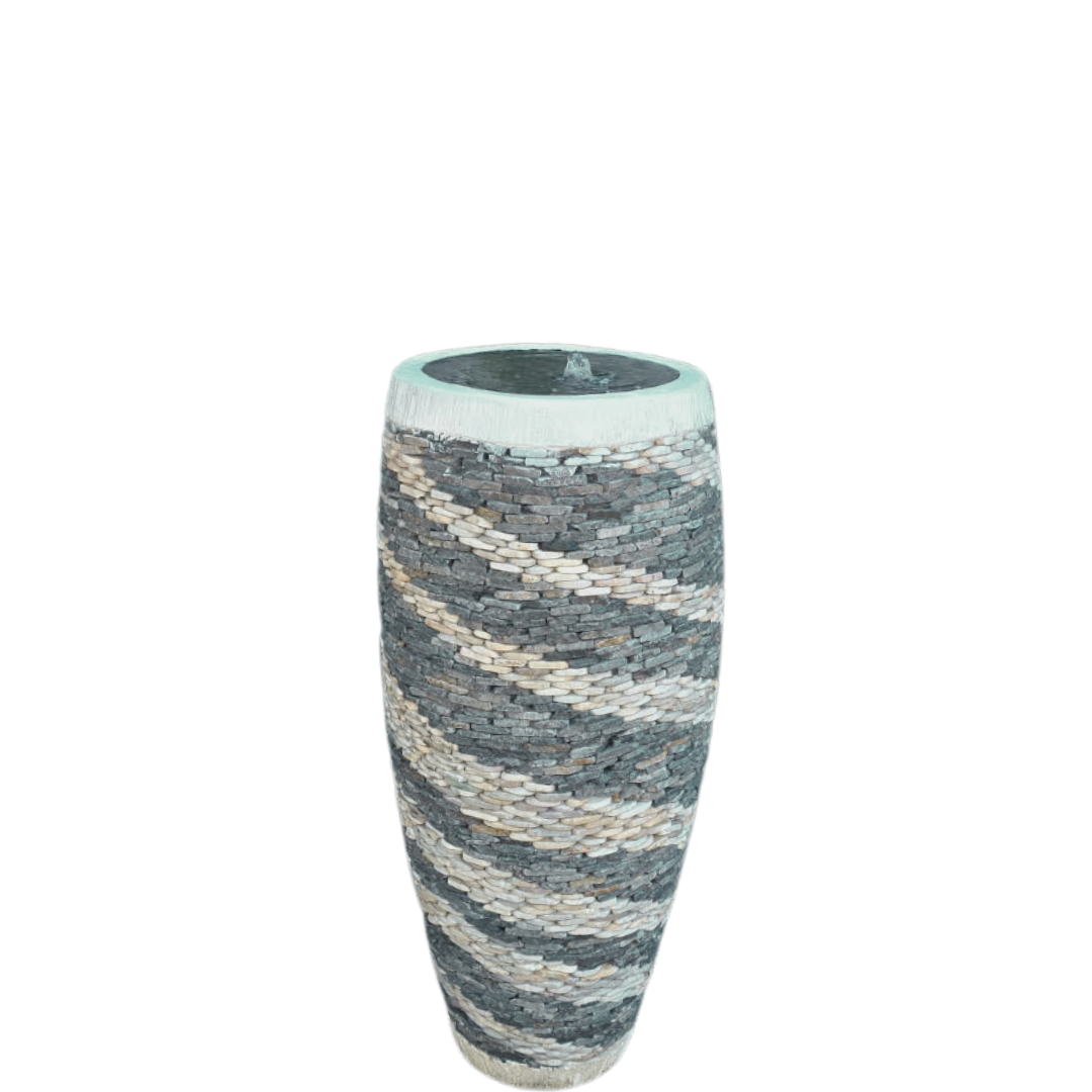 Tall, cylindrical vase with a striped pattern on a white background