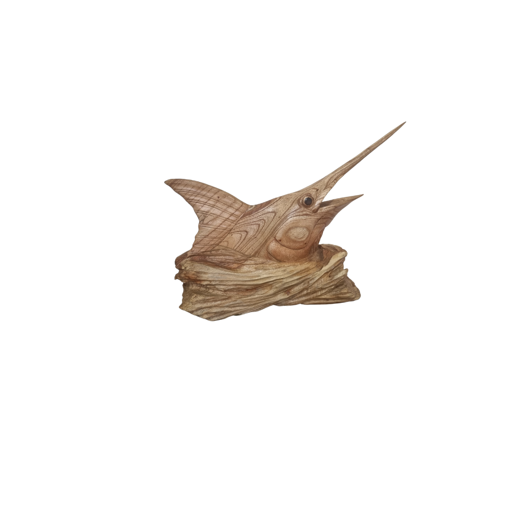 Wooden sculpture of a marlin on a white background