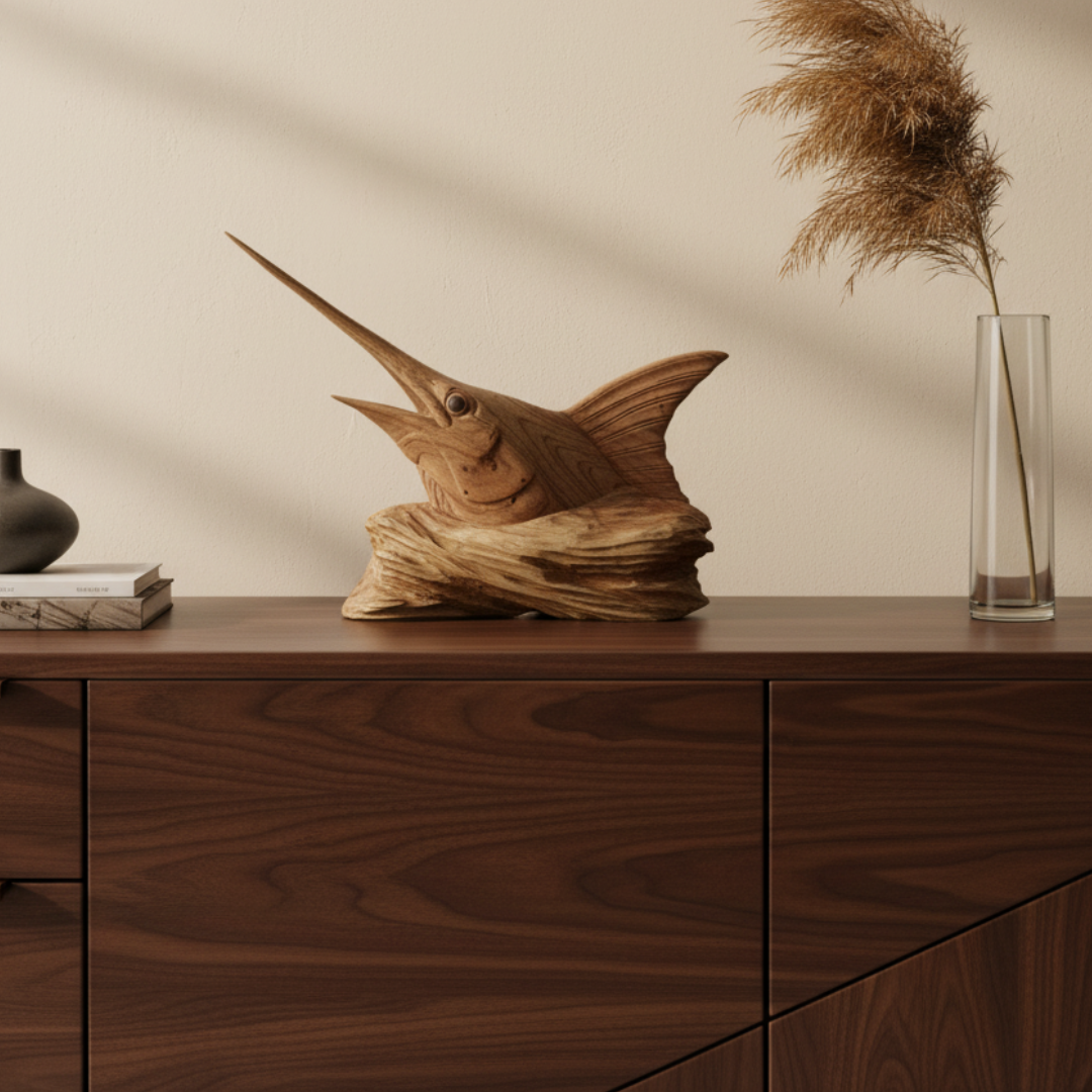 Wooden fish sculpture on a wooden surface with a vase and books in the background.