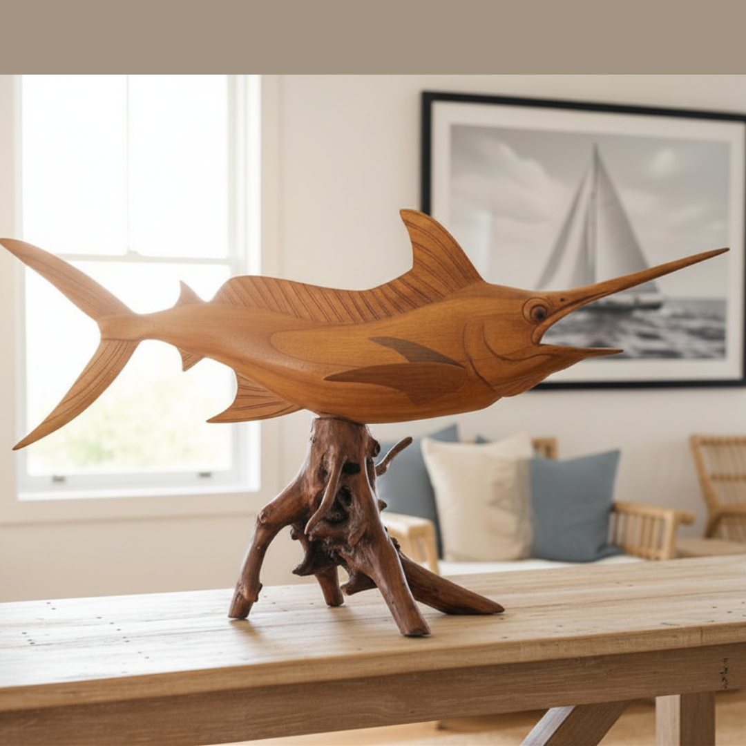 Wooden fish sculpture on a table in a living room setting 100cm