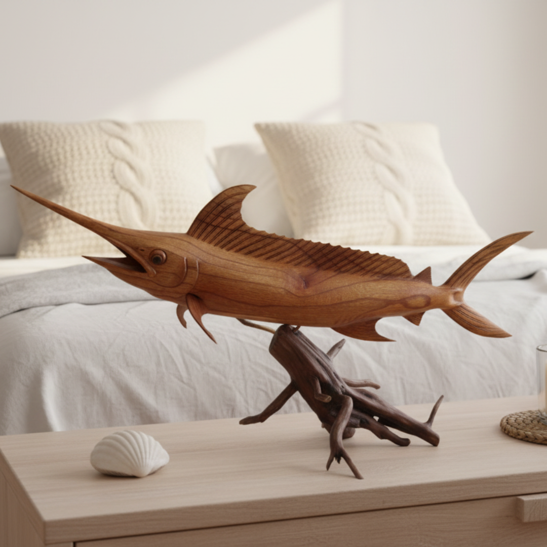 Wooden fish sculpture on a table with a blurred background