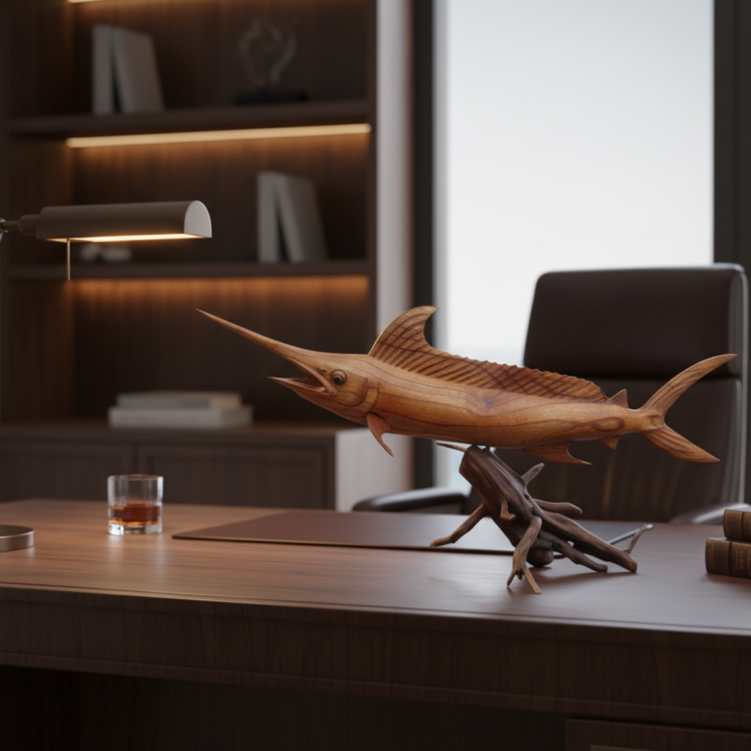Wooden fish sculpture on a desk in an office setting
