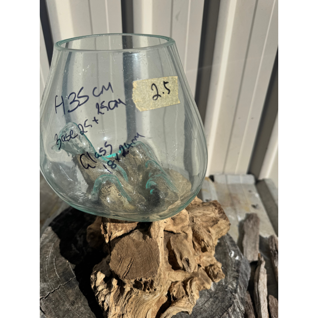 Large round  bowl fused onto a chunky driftwood base, height 35cm, base 25x25cm, glass 18x24cm, Style 3, outdoor setting"
