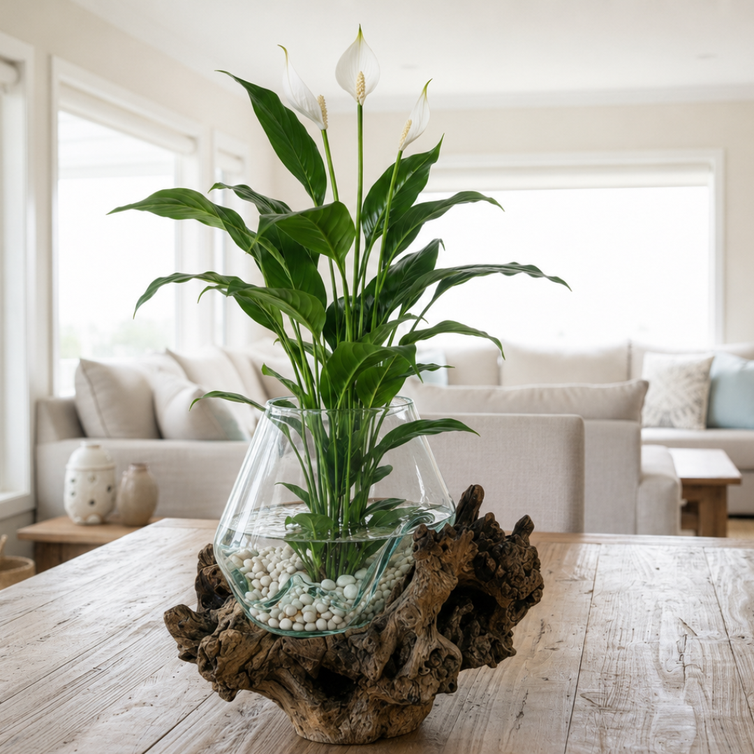 Peace lily with white bloom and dark green leaves growing from a clear glass bowl on a gnarled wood root base, water and white pebble rocks visible through the glass, styled as a centrepiece on a rustic timber coffee table in a bright coastal living room
