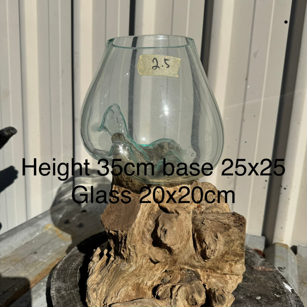  1 – height 35cm, base 25x25cm, glass 20x20cm, hand-blown  bowl on natural base