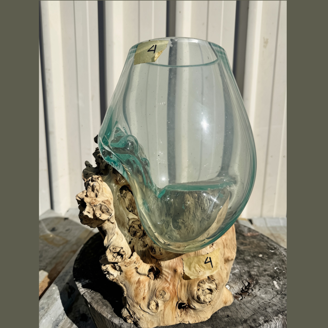 Tall teardrop hand-blown bowl fused onto a knobbly natural wood base, aqua tint, rustic coastal home décor piece, Style 4