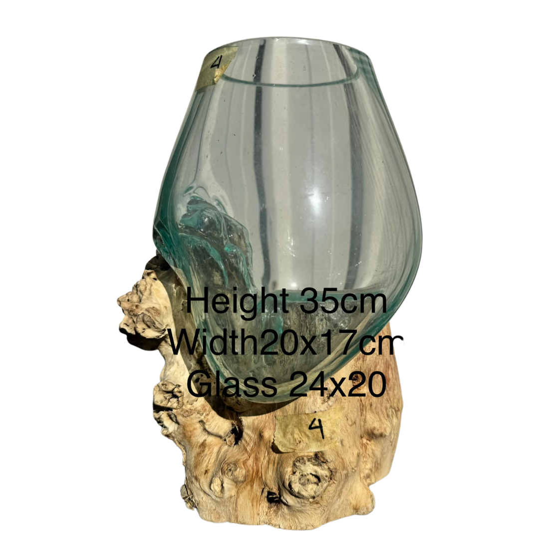 Style 4 teardrop glass bowl on knobbly wood base, height 35cm, width 20x17cm, glass 24x20cm, white background