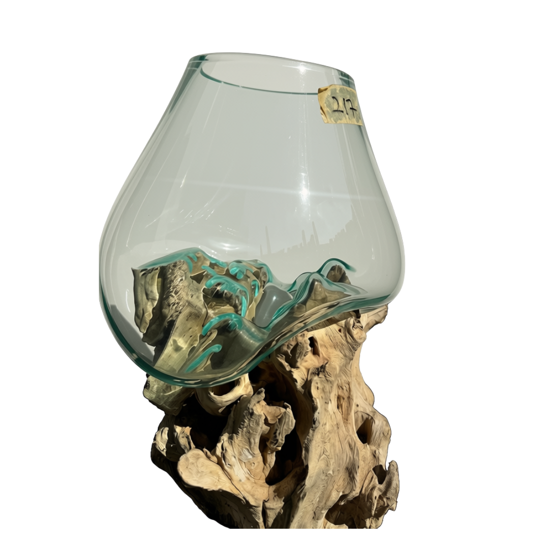 Wide teardrop glass bowl sitting on a twisted base, clear aqua glass, white background, Style 2 side view
