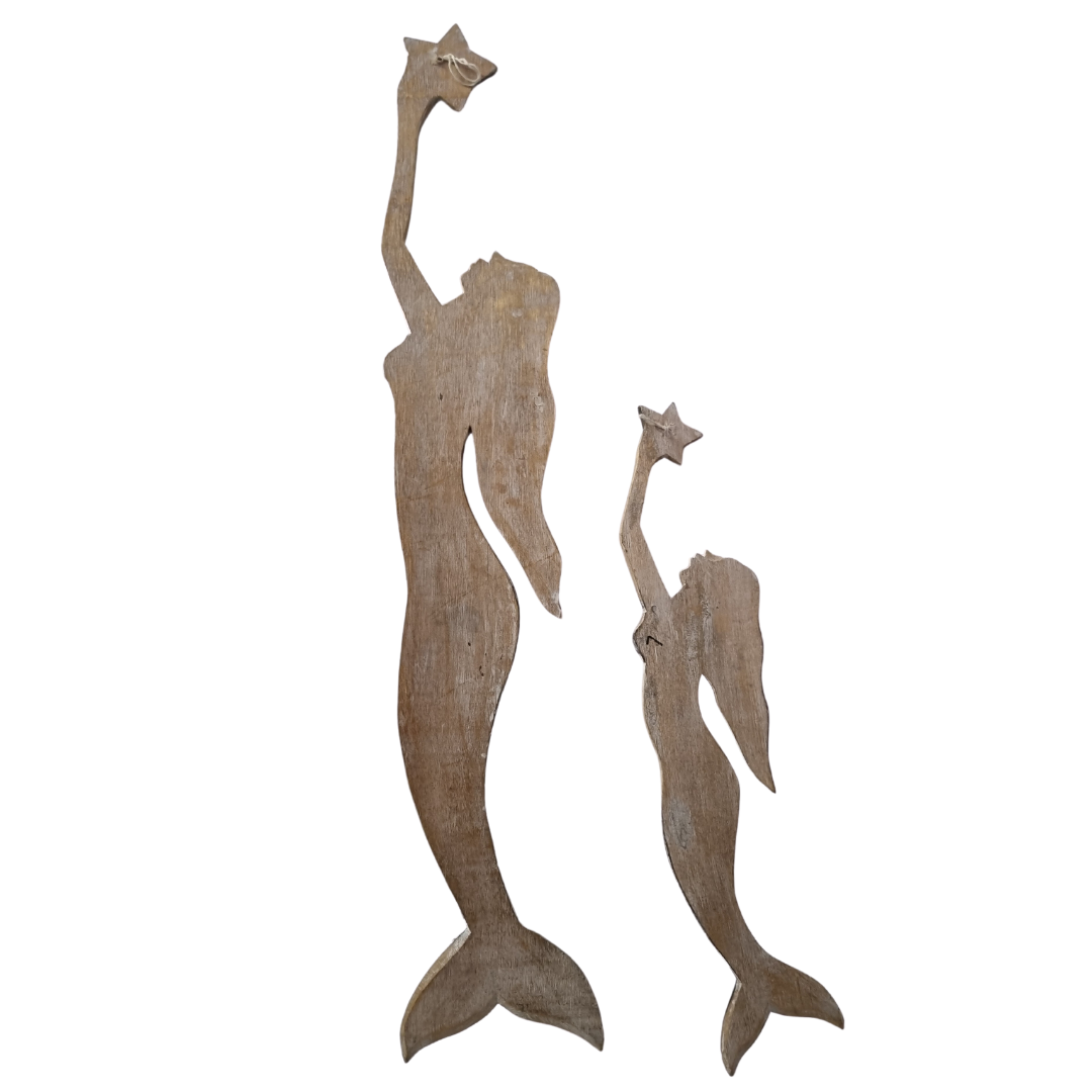 reverse back view Handcrafted wooden mermaid wall art holding a starfish, displayed on a white wall, rustic coastal décor