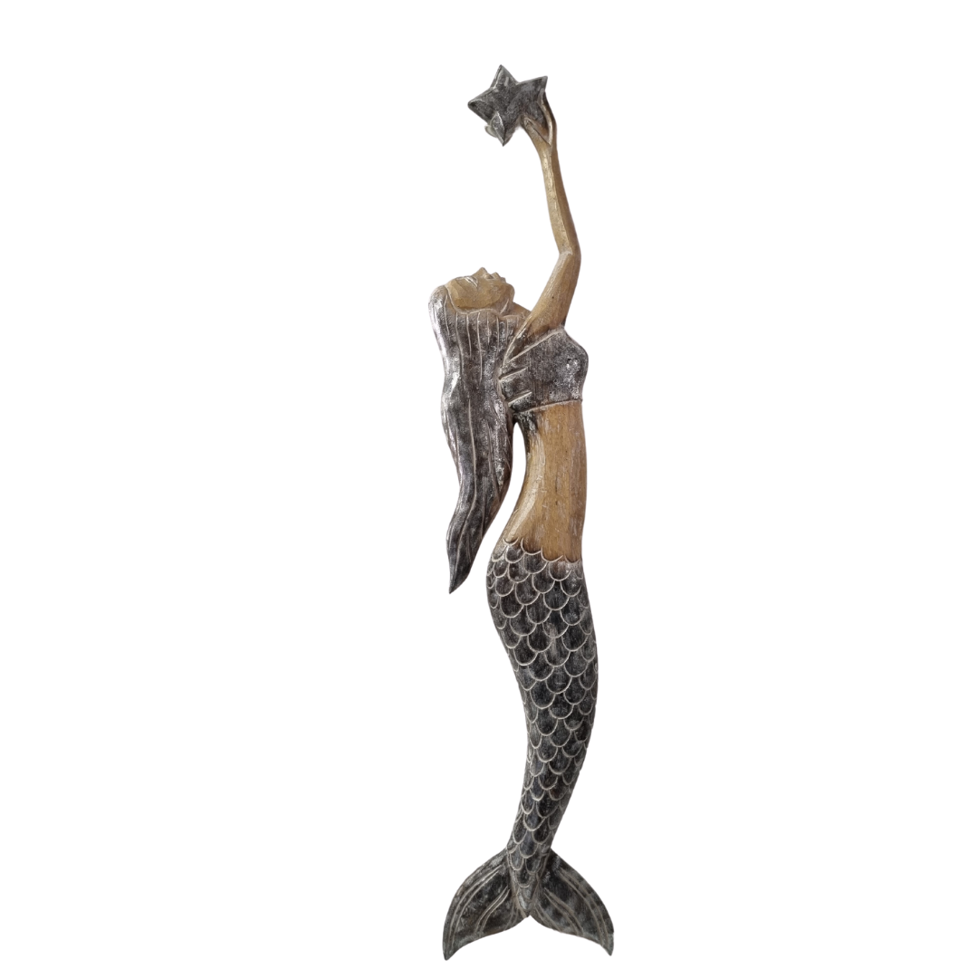 Mermaid figurine holding a starfish on a white background
