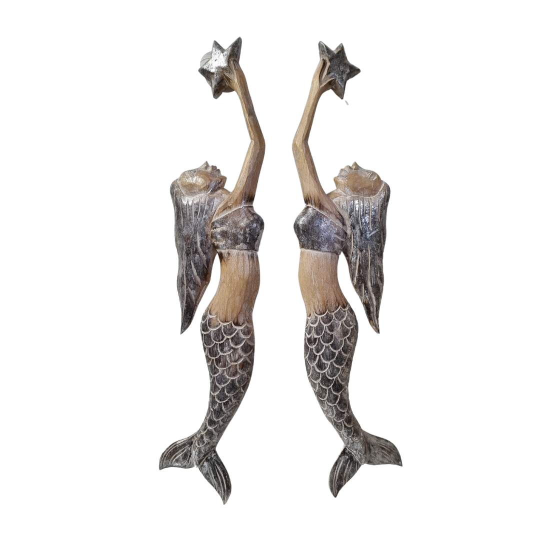 two mermaids Handcrafted wooden mermaid wall art holding a starfish, displayed on a white wall, rustic coastal décor