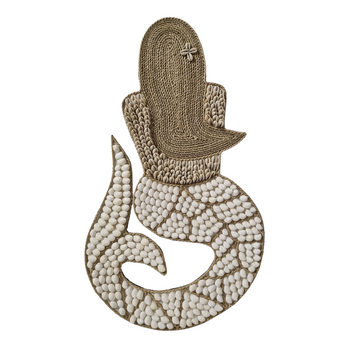Mermaid-shaped hanging with woven jute hair, a small shell flower and a curled tail covered in rounded white shells.
