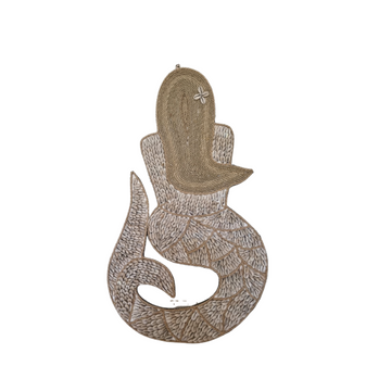 Woven jute hair with a small flower detail above a curled tail in natural beige tones.