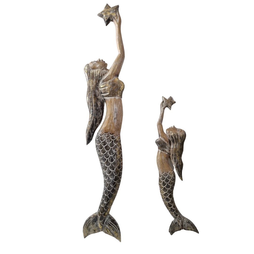 two mermaids one large 1 small Handcrafted wooden mermaid wall art holding a starfish, displayed on a white wall, rustic coastal décor