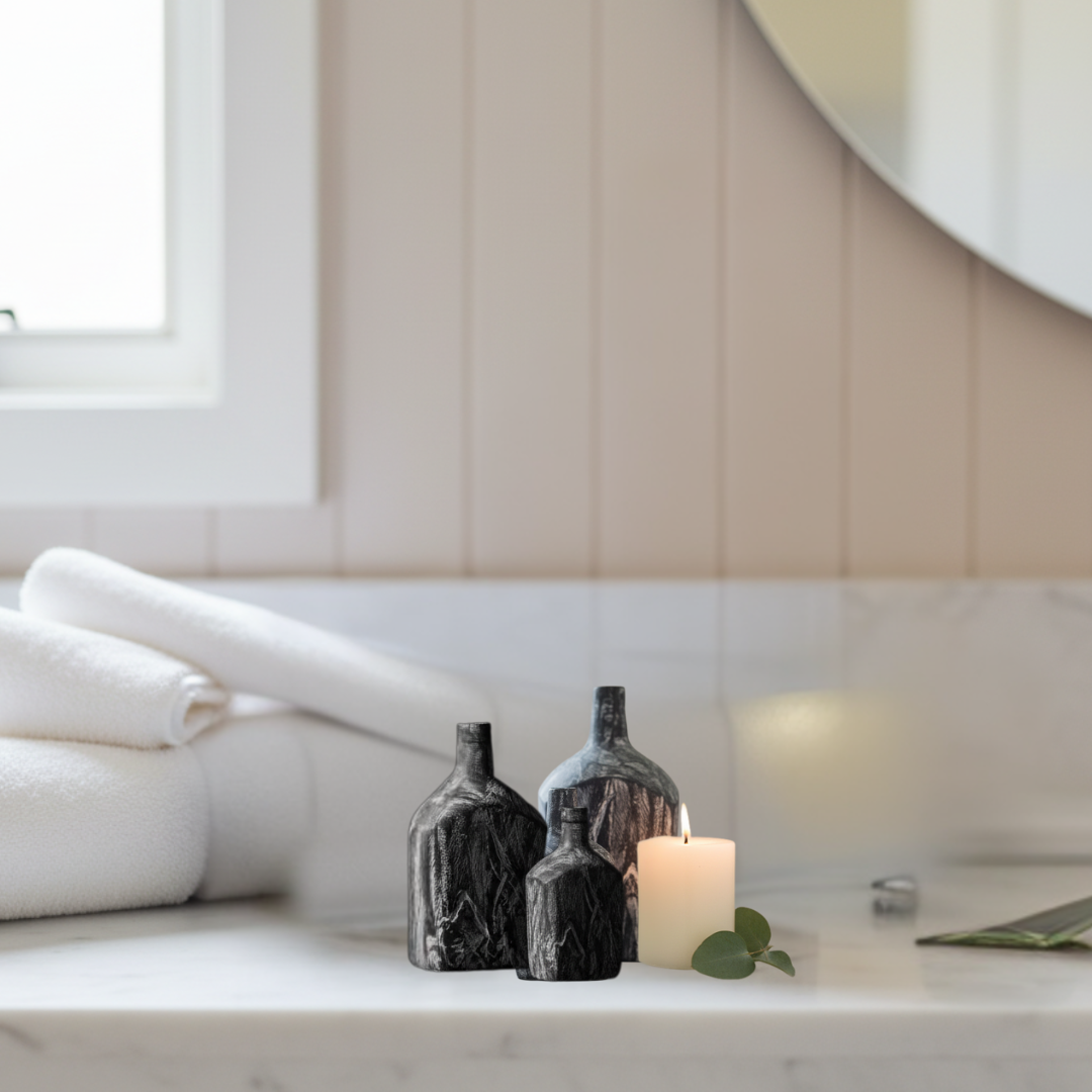 Three handcrafted black timber bottle decor pieces styled on a white marble bathroom vanity with white pillar candle and eucalyptus — spa-inspired interior styling