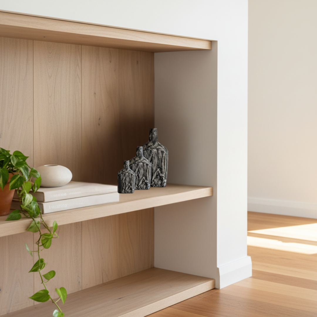 Three handcrafted black timber bottle decor pieces on a timber bookshelf with trailing pothos plant and neutral linen books — modern Australian living room decor