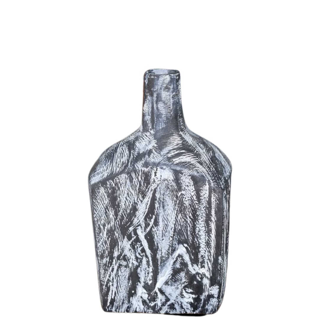 Handcrafted large black timber bottle decor with white carved grain detail — Midnight Timber Bottle Decor 30 x 14cm