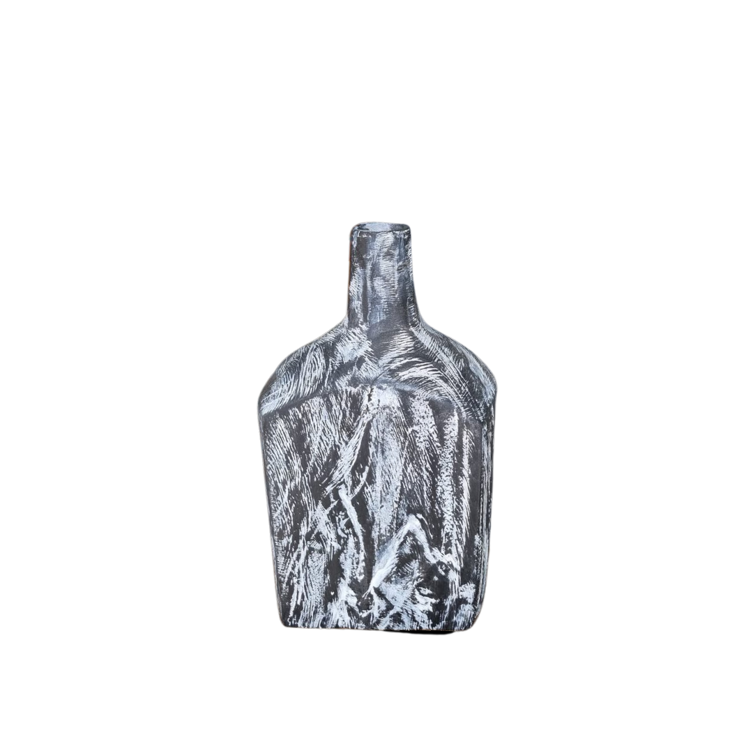 Handcrafted large black timber bottle decor with white carved grain detail — Midnight Timber Bottle Decor 25 x 12cm