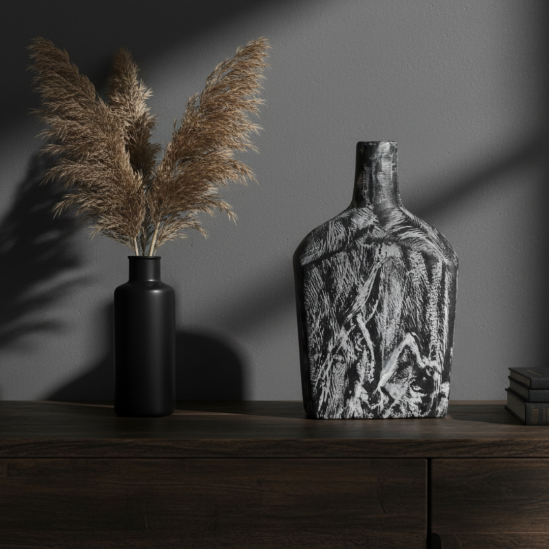 Handcrafted large black timber bottle decor with white carved grain detail styled solo on a dark moody console table with dried pampas grass and linen books — 30 x 14cm