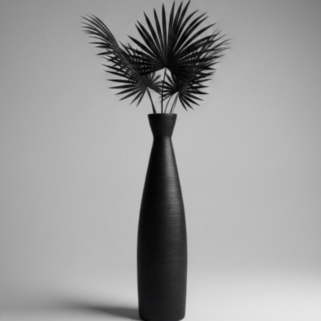 Mila Floor Vase — matte black terracotta with hand-brushed finish on white background