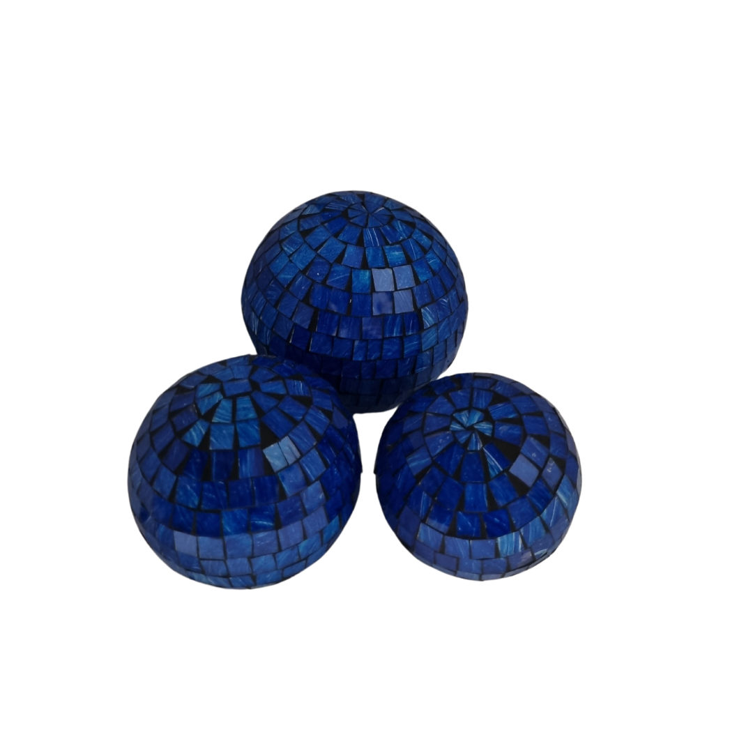 Three mosaic decorative balls in blue, each with a geometric pattern made of small tiles.
