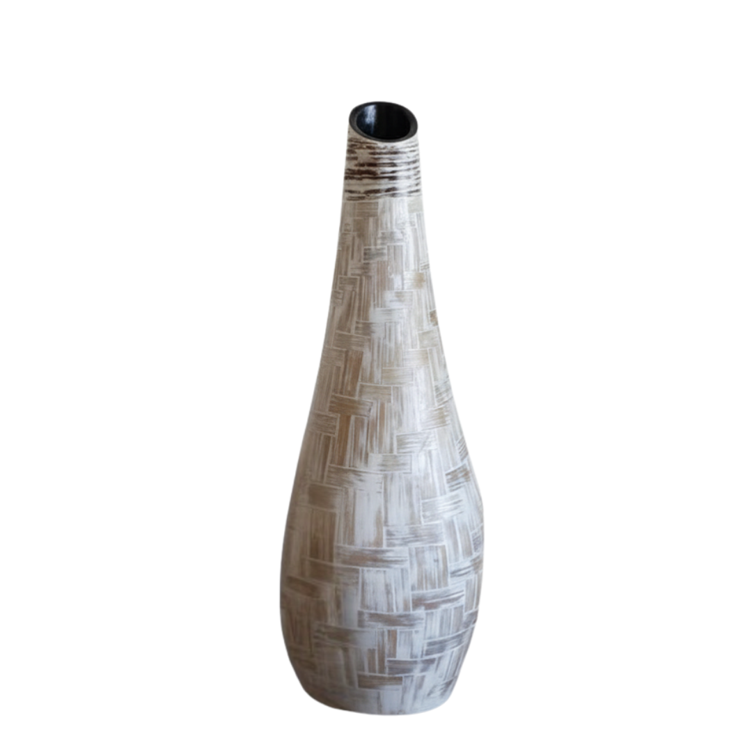 Tall, patterned vase on a white background